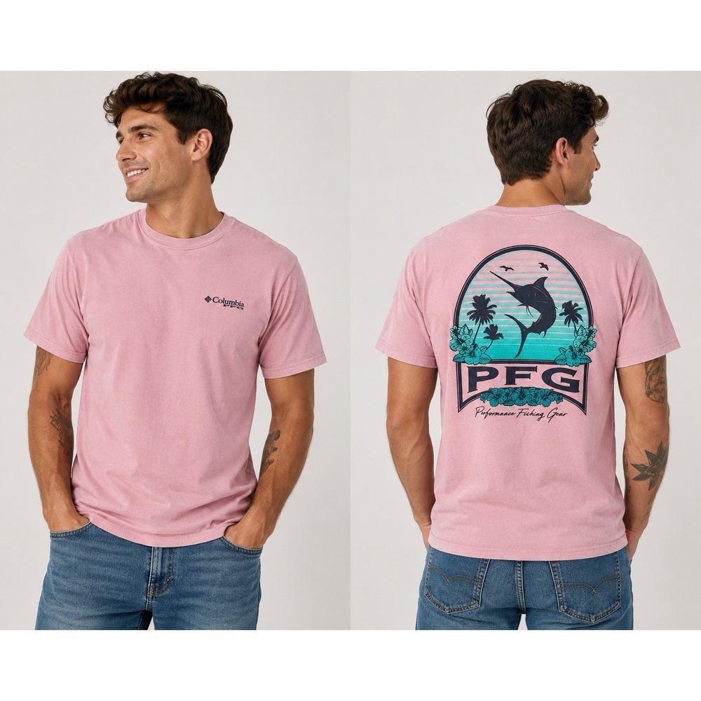 Columbia PFG Men's Pink Teal T Shirt Short Sleeve Performance Fishing Gear Large